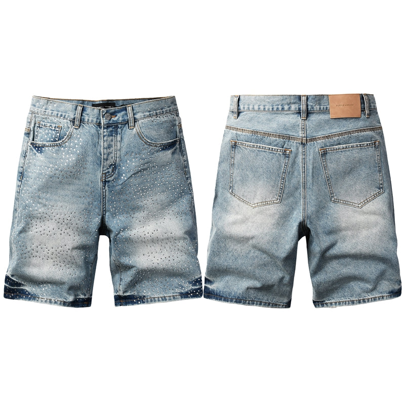 Mens Light Blue Rhinestone Denim Shorts Vintage Washed Stretch Jean Shorts Casual Streetwear 5109