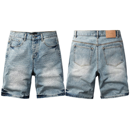 Mens Light Blue Rhinestone Denim Shorts Vintage Washed Stretch Jean Shorts Casual Streetwear 5109