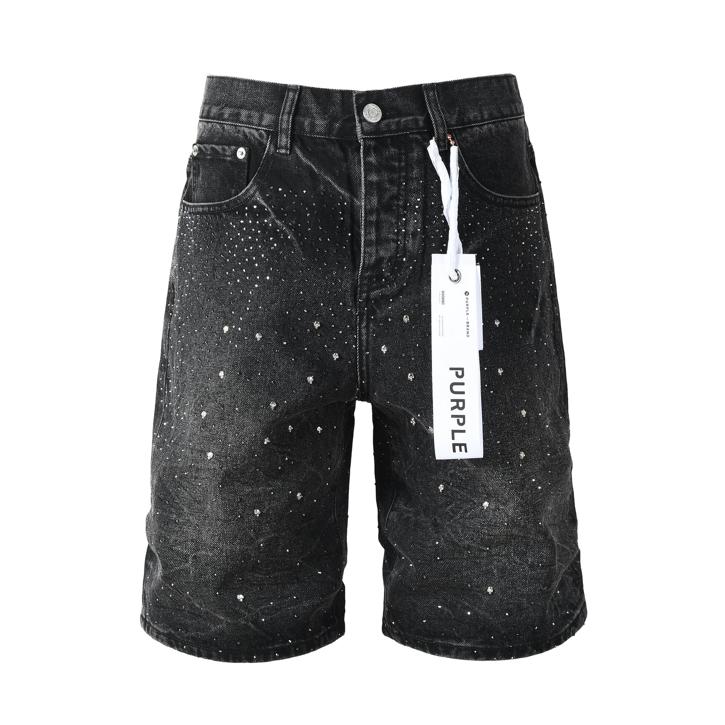 Mens Black Rhinestone Denim Shorts Vintage Washed Stretch Jean Shorts Casual Streetwear 5110