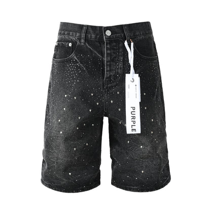 Mens Black Rhinestone Denim Shorts Vintage Washed Stretch Jean Shorts Casual Streetwear 5110