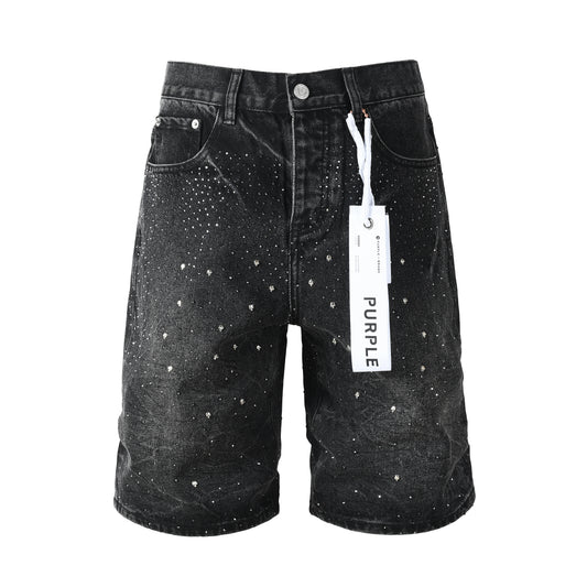 Mens Black Rhinestone Denim Shorts Vintage Washed Stretch Jean Shorts Casual Streetwear 5110