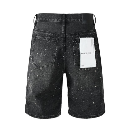 Mens Black Rhinestone Denim Shorts Vintage Washed Stretch Jean Shorts Casual Streetwear 5110