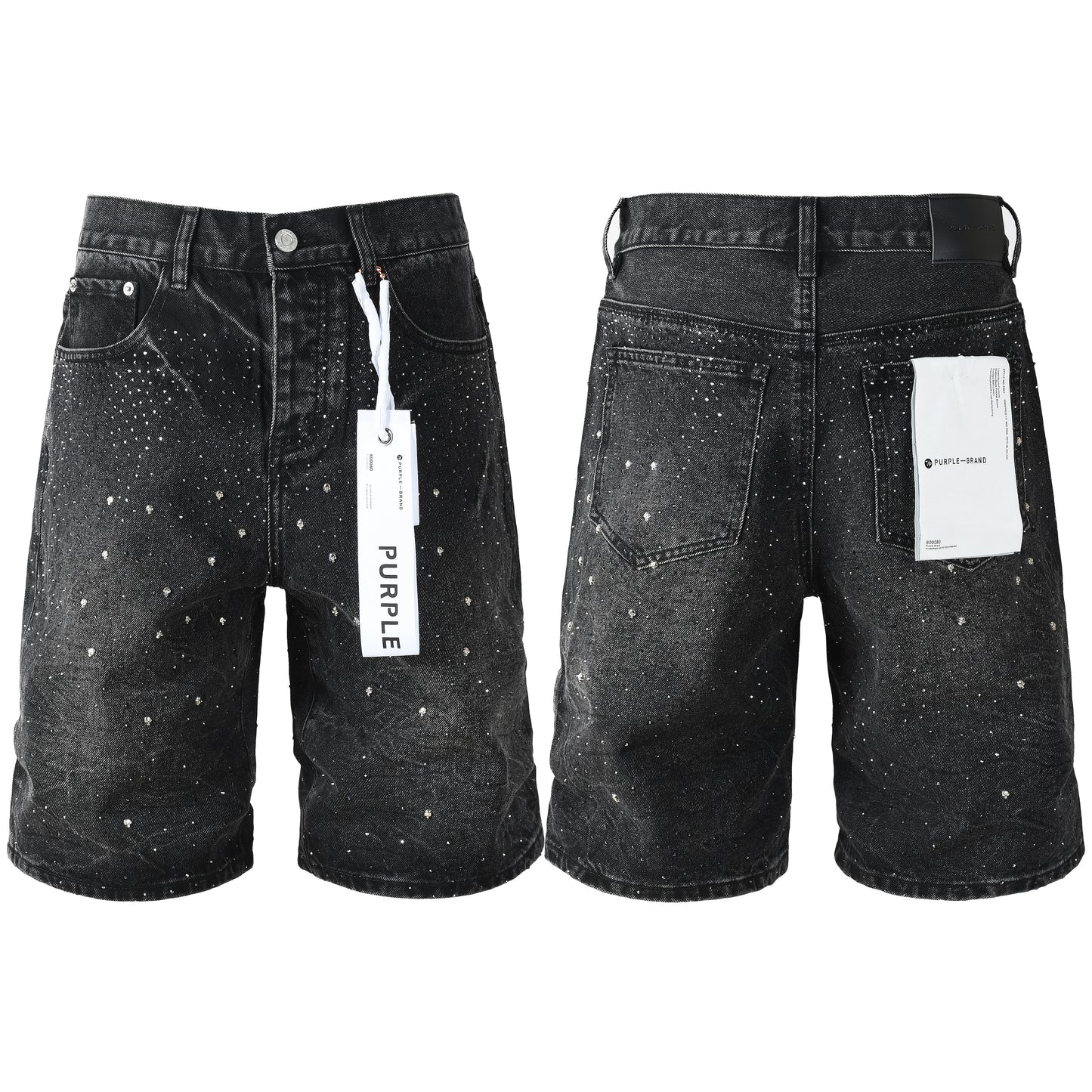 Mens Black Rhinestone Denim Shorts Vintage Washed Stretch Jean Shorts Casual Streetwear 5110