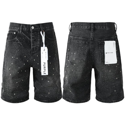 Mens Black Rhinestone Denim Shorts Vintage Washed Stretch Jean Shorts Casual Streetwear 5110
