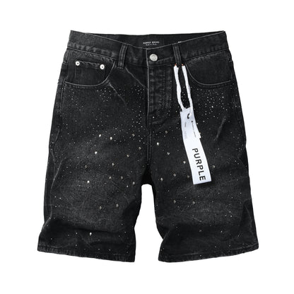 Mens Black Rhinestone Denim Shorts Vintage Washed Stretch Jean Shorts Casual Streetwear 5110