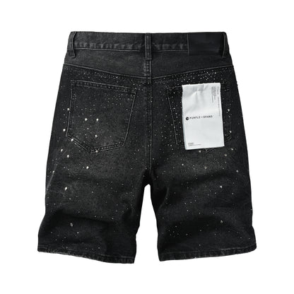 Mens Black Rhinestone Denim Shorts Vintage Washed Stretch Jean Shorts Casual Streetwear 5110