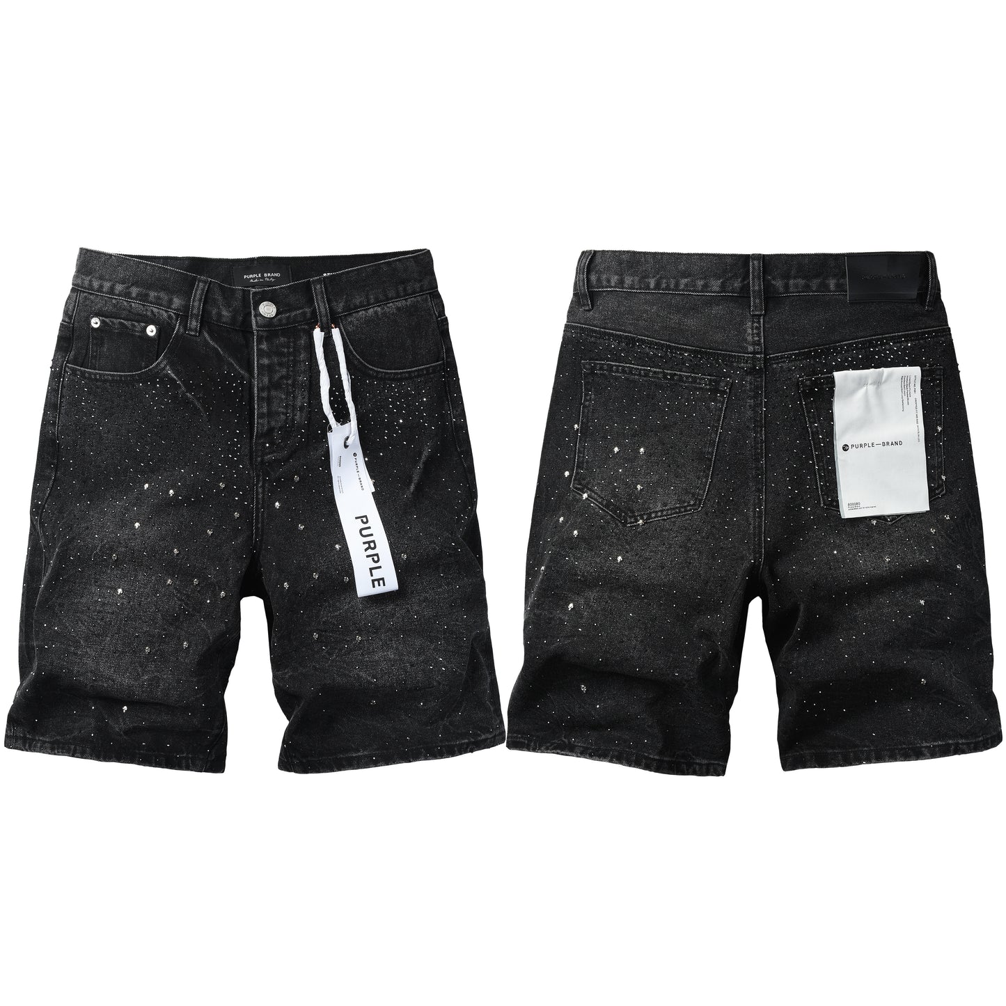 Mens Black Rhinestone Denim Shorts Vintage Washed Stretch Jean Shorts Casual Streetwear 5110