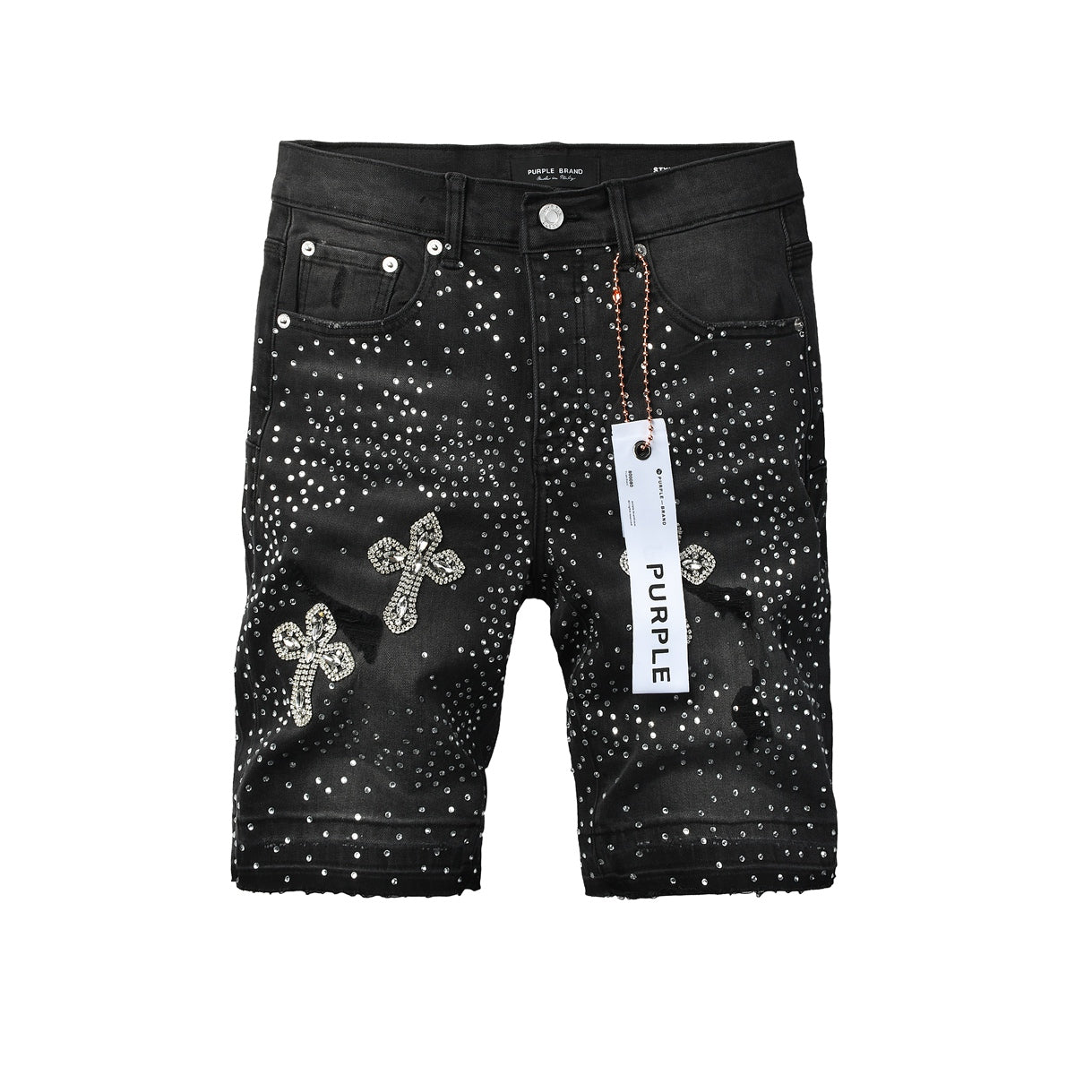 Mens Black Rhinestone Cross Denim Shorts Hip Hop Streetwear Stretch Jean Shorts Casual Summer Fit 5111