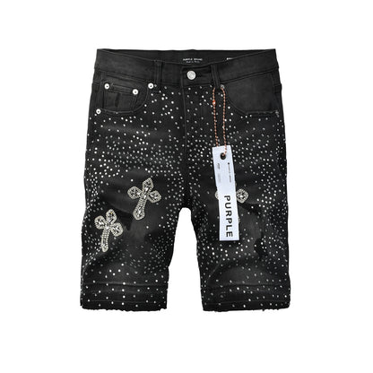 Mens Black Rhinestone Cross Denim Shorts Hip Hop Streetwear Stretch Jean Shorts Casual Summer Fit 5111