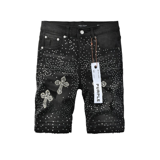 Mens Black Rhinestone Cross Denim Shorts Hip Hop Streetwear Stretch Jean Shorts Casual Summer Fit 5111