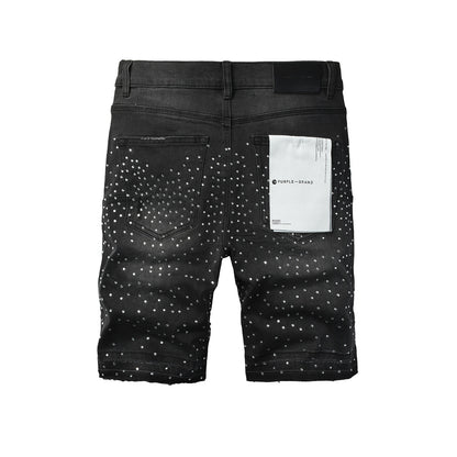 Mens Black Rhinestone Cross Denim Shorts Hip Hop Streetwear Stretch Jean Shorts Casual Summer Fit 5111