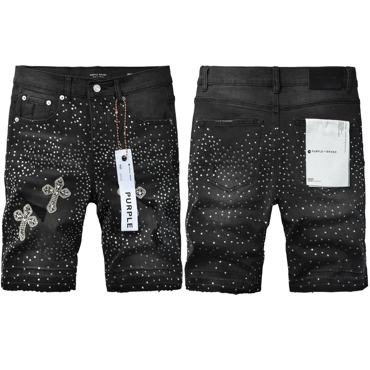 Mens Black Rhinestone Cross Denim Shorts Hip Hop Streetwear Stretch Jean Shorts Casual Summer Fit 5111