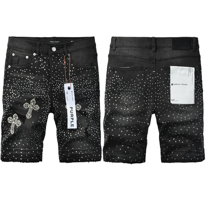 Mens Black Rhinestone Cross Denim Shorts Hip Hop Streetwear Stretch Jean Shorts Casual Summer Fit 5111