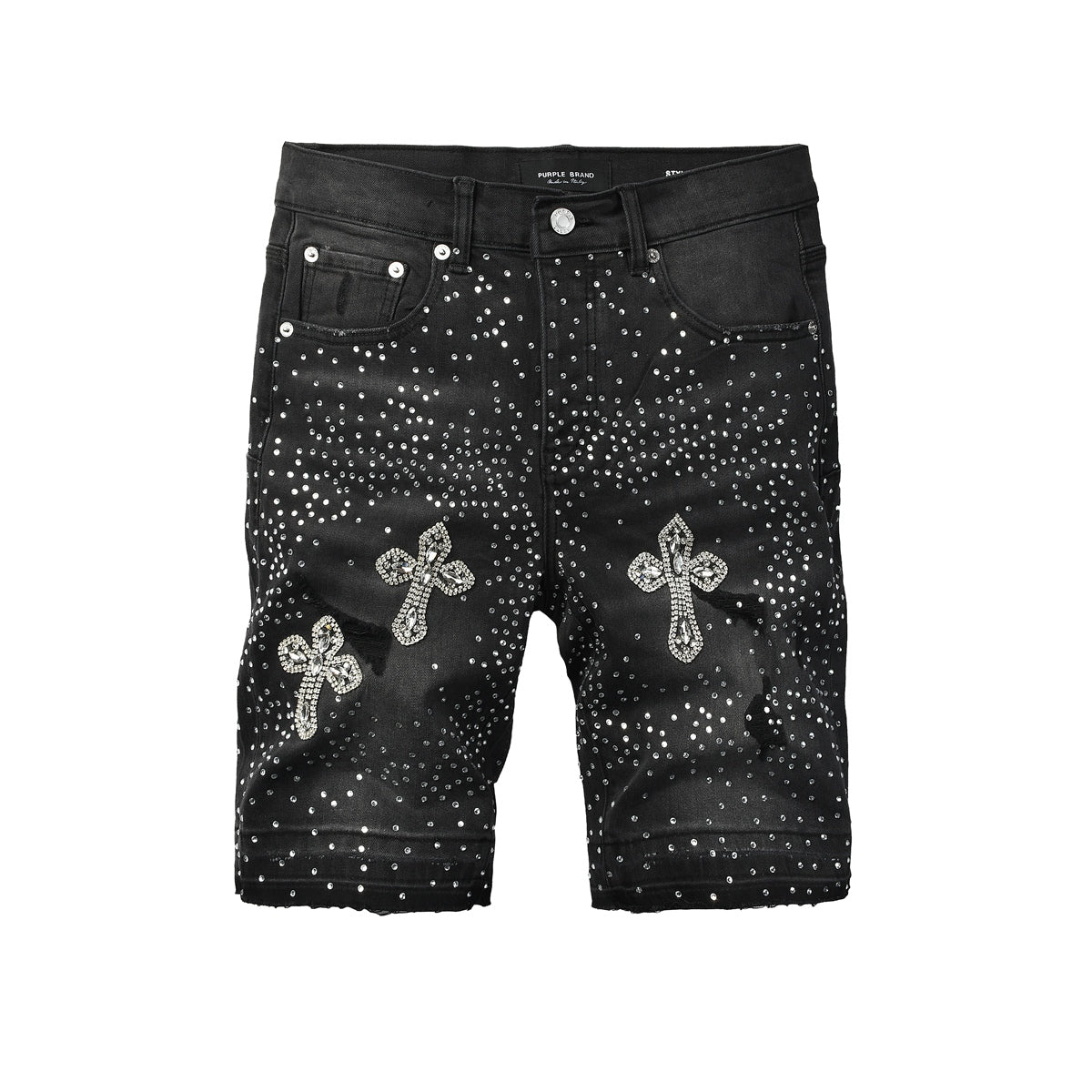 Mens Black Rhinestone Cross Denim Shorts Hip Hop Streetwear Stretch Jean Shorts Casual Summer Fit 5111