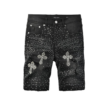 Mens Black Rhinestone Cross Denim Shorts Hip Hop Streetwear Stretch Jean Shorts Casual Summer Fit 5111