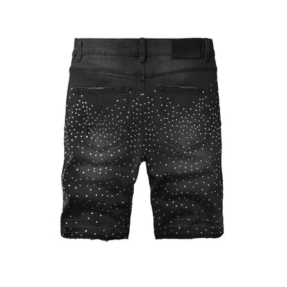 Mens Black Rhinestone Cross Denim Shorts Hip Hop Streetwear Stretch Jean Shorts Casual Summer Fit 5111