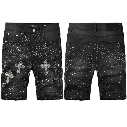 Mens Black Rhinestone Cross Denim Shorts Hip Hop Streetwear Stretch Jean Shorts Casual Summer Fit 5111