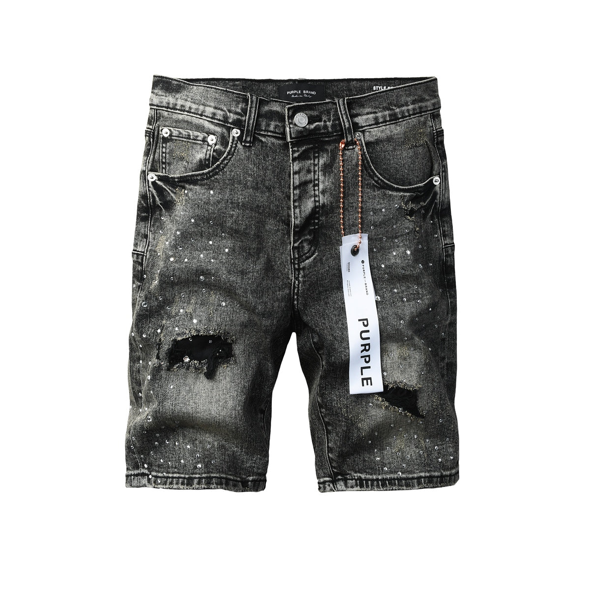 Mens Vintage Washed Black Jean Shorts Sparkling Rhinestone Ripped Denim Shorts Casual Fit 5112