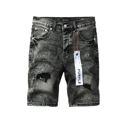 Mens Vintage Washed Black Jean Shorts Sparkling Rhinestone Ripped Denim Shorts Casual Fit 5112