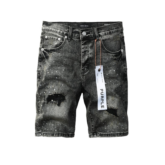 Mens Vintage Washed Black Jean Shorts Sparkling Rhinestone Ripped Denim Shorts Casual Fit 5112
