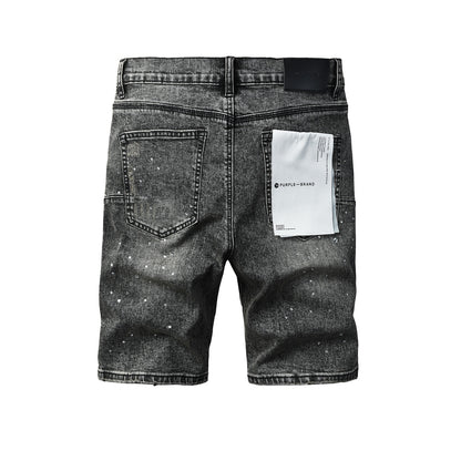 Mens Vintage Washed Black Jean Shorts Sparkling Rhinestone Ripped Denim Shorts Casual Fit 5112