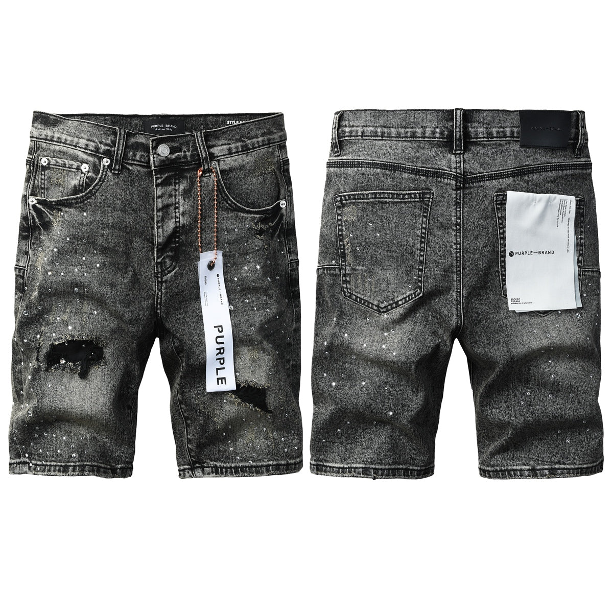 Mens Vintage Washed Black Jean Shorts Sparkling Rhinestone Ripped Denim Shorts Casual Fit 5112