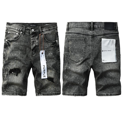 Mens Vintage Washed Black Jean Shorts Sparkling Rhinestone Ripped Denim Shorts Casual Fit 5112