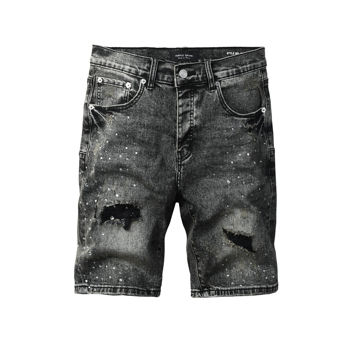 Mens Vintage Washed Black Jean Shorts Sparkling Rhinestone Ripped Denim Shorts Casual Fit 5112