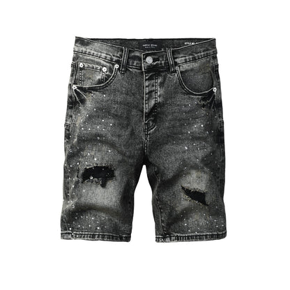 Mens Vintage Washed Black Jean Shorts Sparkling Rhinestone Ripped Denim Shorts Casual Fit 5112