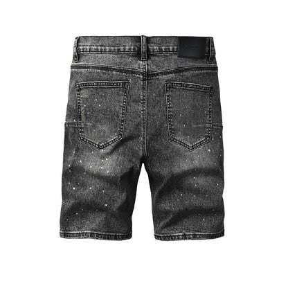 Mens Vintage Washed Black Jean Shorts Sparkling Rhinestone Ripped Denim Shorts Casual Fit 5112