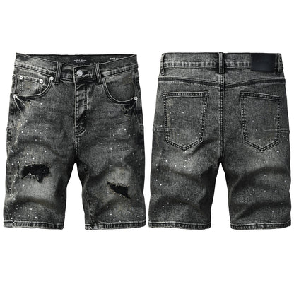 Mens Vintage Washed Black Jean Shorts Sparkling Rhinestone Ripped Denim Shorts Casual Fit 5112