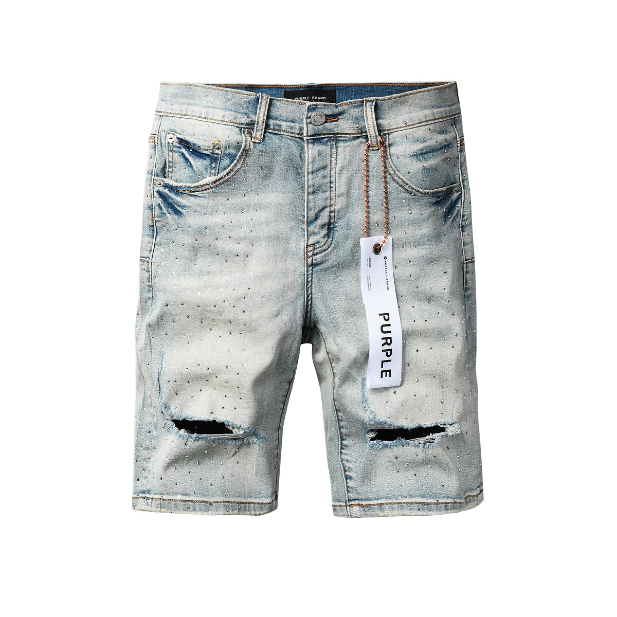Mens Distressed Light Blue Jean Shorts Crystal Studded Denim Shorts Hip Hop Fashion Fit 5113