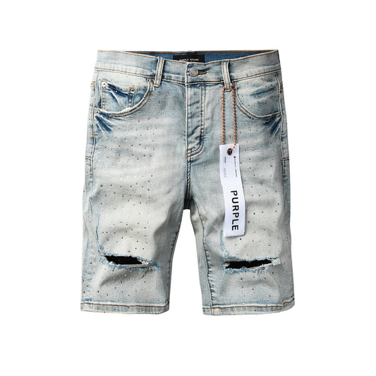 Mens Distressed Light Blue Jean Shorts Crystal Studded Denim Shorts Hip Hop Fashion Fit 5113