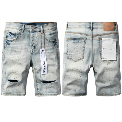 Mens Distressed Light Blue Jean Shorts Crystal Studded Denim Shorts Hip Hop Fashion Fit 5113
