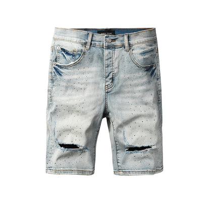 Mens Distressed Light Blue Jean Shorts Crystal Studded Denim Shorts Hip Hop Fashion Fit 5113