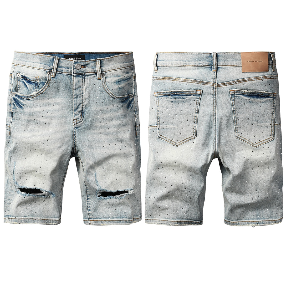 Mens Distressed Light Blue Jean Shorts Crystal Studded Denim Shorts Hip Hop Fashion Fit 5113