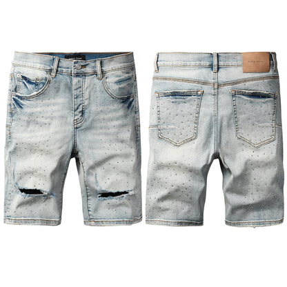 Mens Distressed Light Blue Jean Shorts Crystal Studded Denim Shorts Hip Hop Fashion Fit 5113