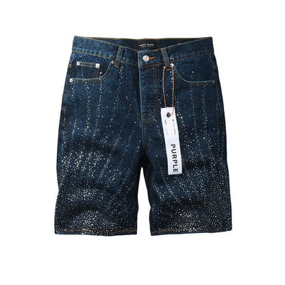 Mens Glitter Rhinestone Denim Shorts Dark Blue Casual Jean Shorts Urban Street Fashion Fit 5114