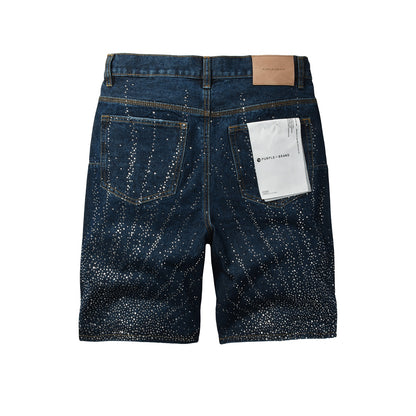 Mens Glitter Rhinestone Denim Shorts Dark Blue Casual Jean Shorts Urban Street Fashion Fit 5114