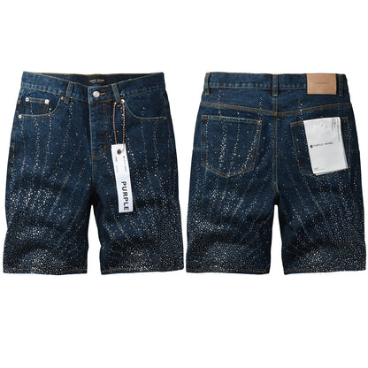 Mens Glitter Rhinestone Denim Shorts Dark Blue Casual Jean Shorts Urban Street Fashion Fit 5114