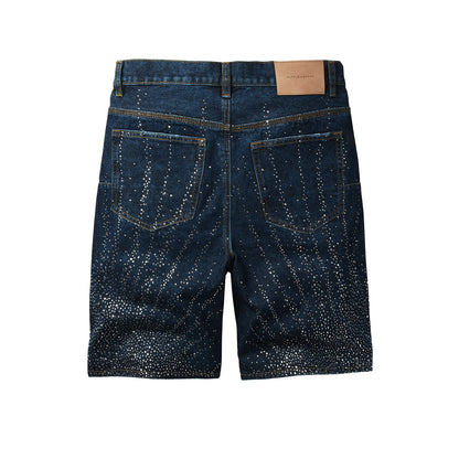 Mens Glitter Rhinestone Denim Shorts Dark Blue Casual Jean Shorts Urban Street Fashion Fit 5114