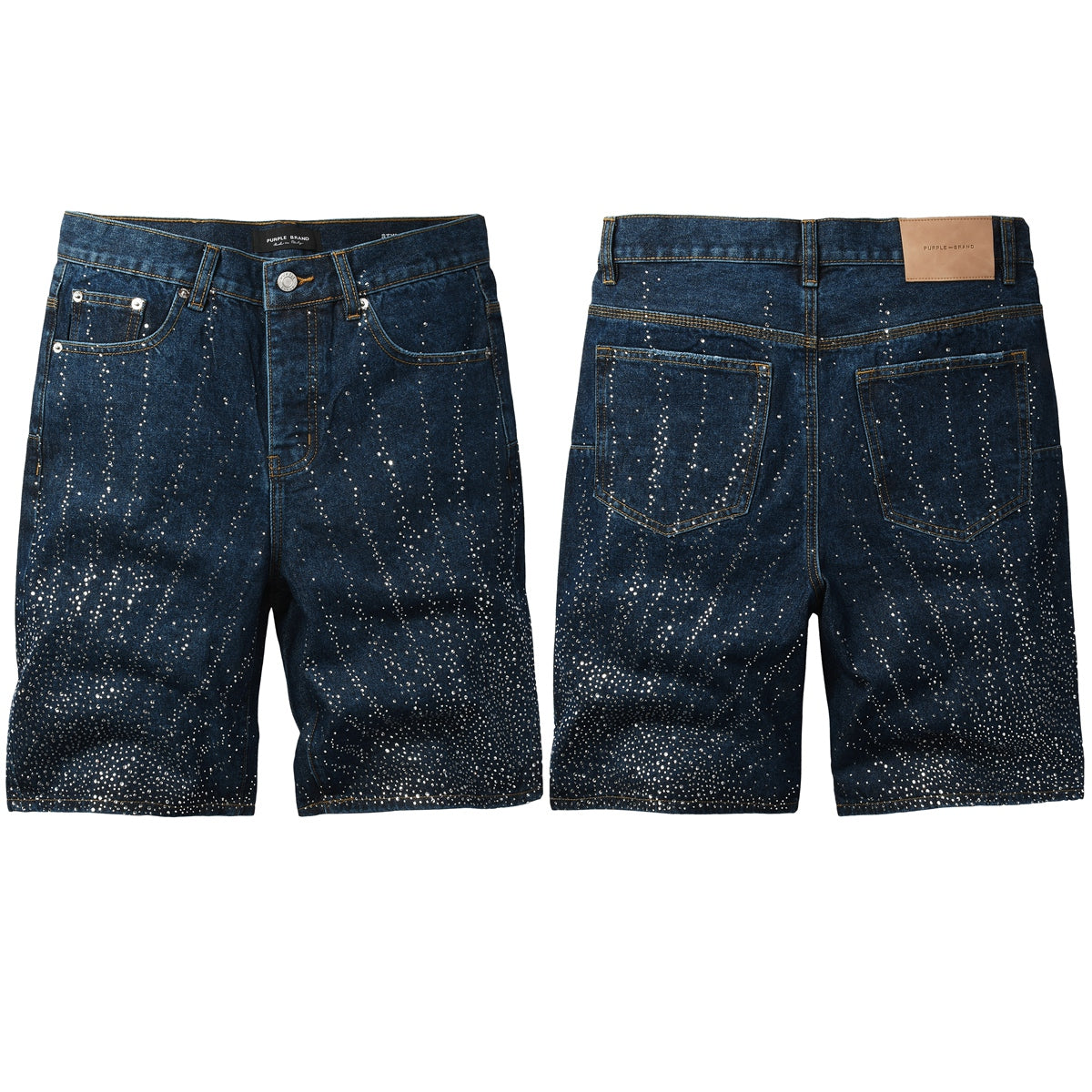 Mens Glitter Rhinestone Denim Shorts Dark Blue Casual Jean Shorts Urban Street Fashion Fit 5114