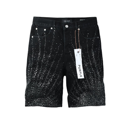 Mens Washed Black Rhinestone Jean Shorts Stretch Denim Street Style 5115