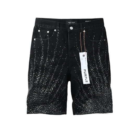 Mens Washed Black Rhinestone Jean Shorts Stretch Denim Street Style 5115