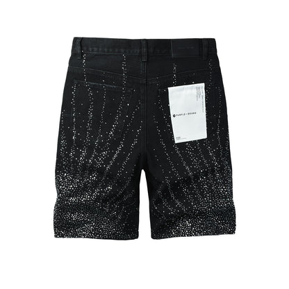 Mens Washed Black Rhinestone Jean Shorts Stretch Denim Street Style 5115