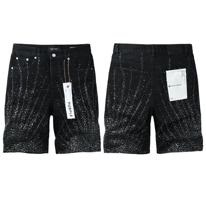 Mens Washed Black Rhinestone Jean Shorts Stretch Denim Street Style 5115