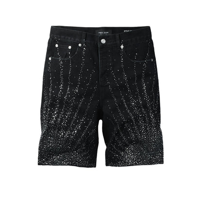 Mens Washed Black Rhinestone Jean Shorts Stretch Denim Street Style 5115