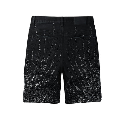 Mens Washed Black Rhinestone Jean Shorts Stretch Denim Street Style 5115