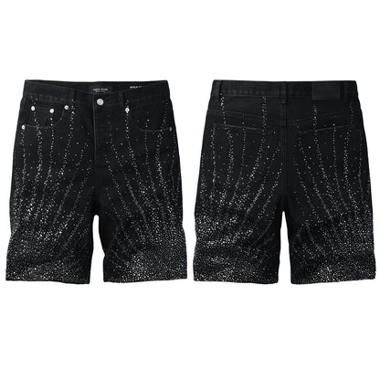 Mens Washed Black Rhinestone Jean Shorts Stretch Denim Street Style 5115
