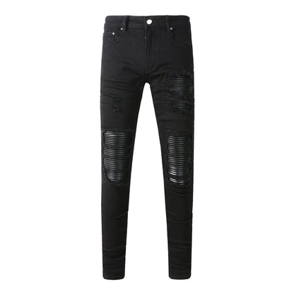 5200 High Street Trendy Brand Street Wind Ripped Beggar Jeans Slim-fit Elastic Jeans